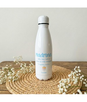 Botella de acero blanca personalizada para madrina con dibujo de ángel y nombre del bebé.