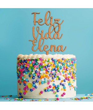 Cake Topper Personalizado Feliz Vida, cake topper de madera, cake topper cumpleaños, Alegría Estudio